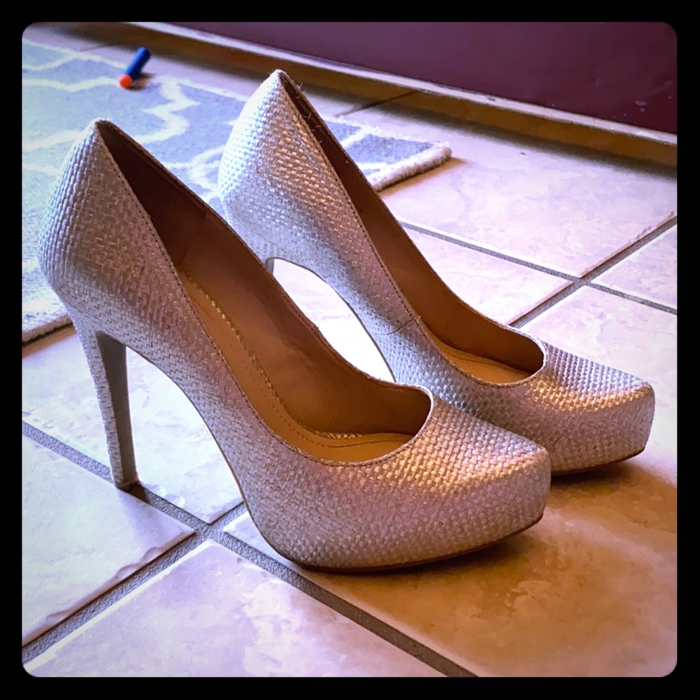 BCBGeneration Woven Silver Heels